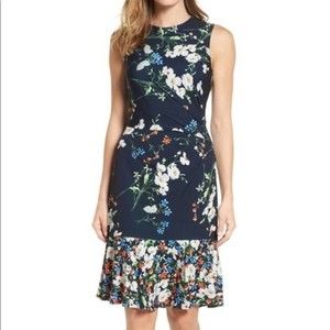 Eliza J Floral Dress Sleeveless Flounce Hem Jersey Knit Side Ruched Size 4